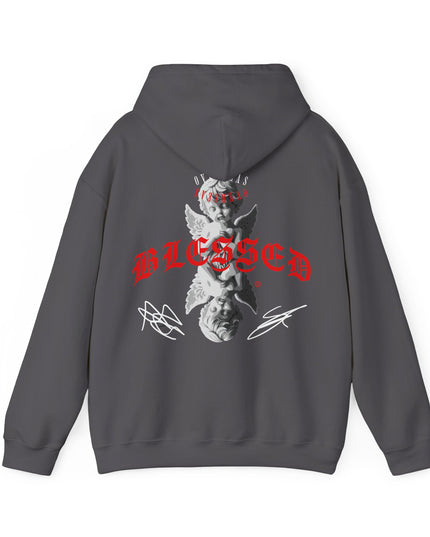 Blessed Angel Graphic Hoodie — Gothic Red Script Streetwear