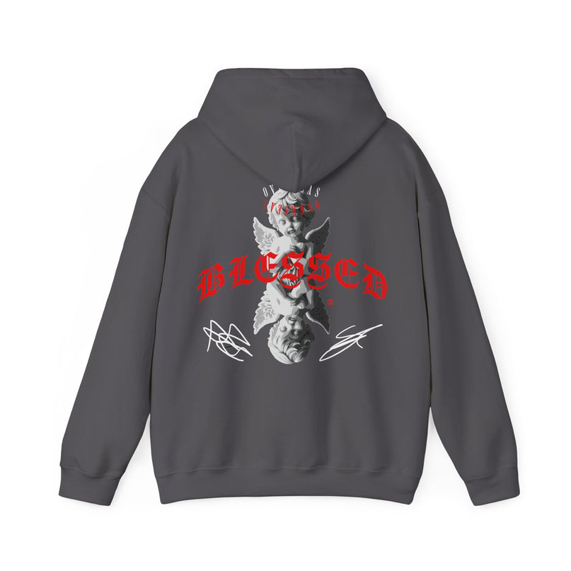 Blessed Angel Graphic Hoodie — Gothic Red Script Streetwear