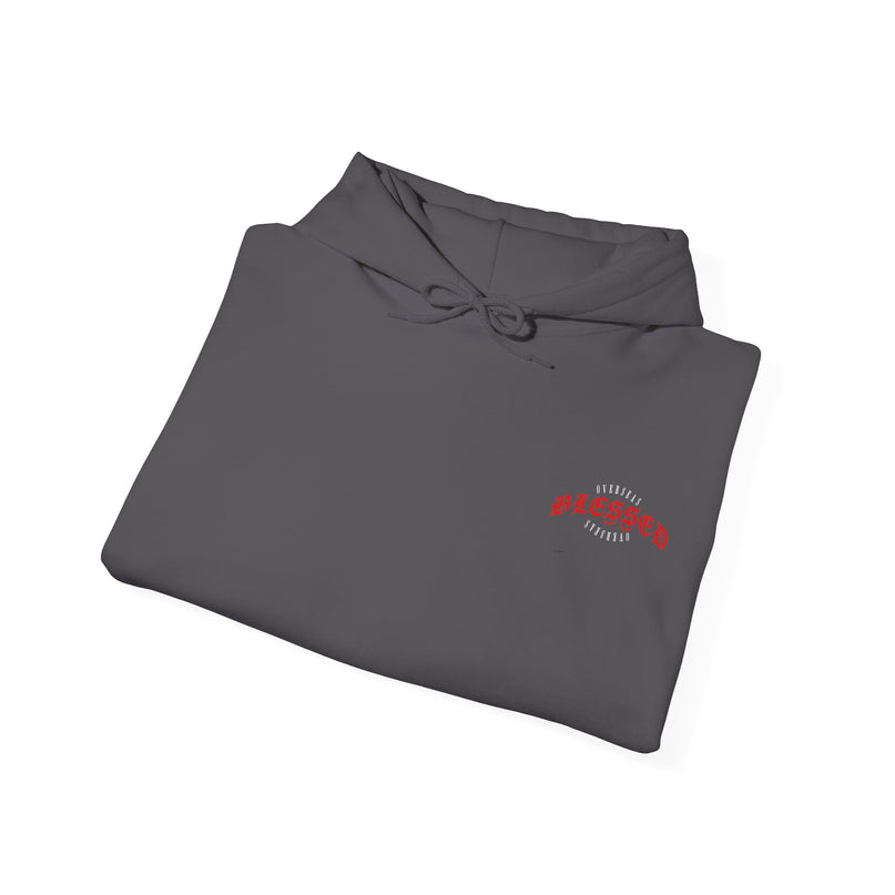 Blessed Angel Graphic Hoodie — Gothic Red Script Streetwear
