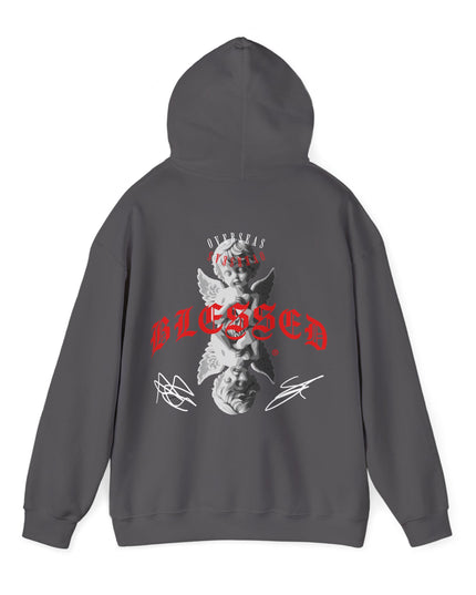 Blessed Angel Graphic Hoodie — Gothic Red Script Streetwear