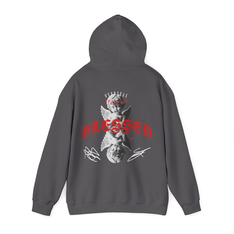 Blessed Angel Graphic Hoodie — Gothic Red Script Streetwear