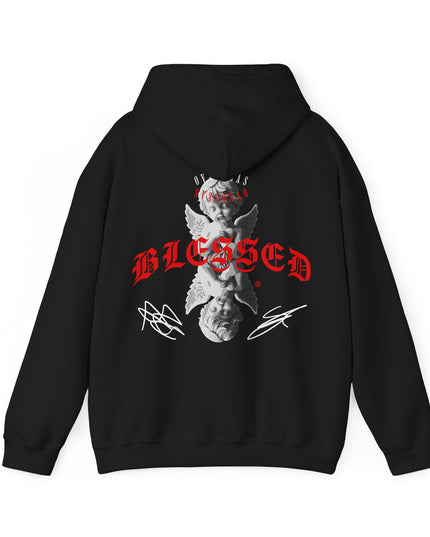Blessed Angel Graphic Hoodie — Gothic Red Script Streetwear