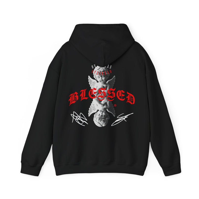 Blessed Angel Graphic Hoodie — Gothic Red Script Streetwear