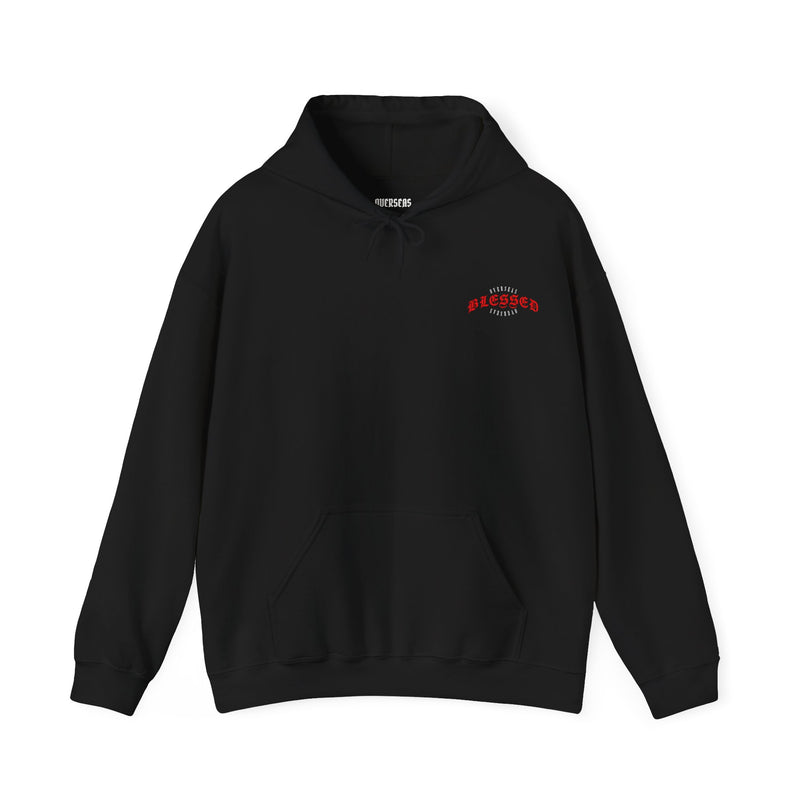 Blessed Angel Graphic Hoodie — Gothic Red Script Streetwear