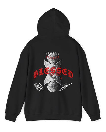 Blessed Angel Graphic Hoodie — Gothic Red Script Streetwear
