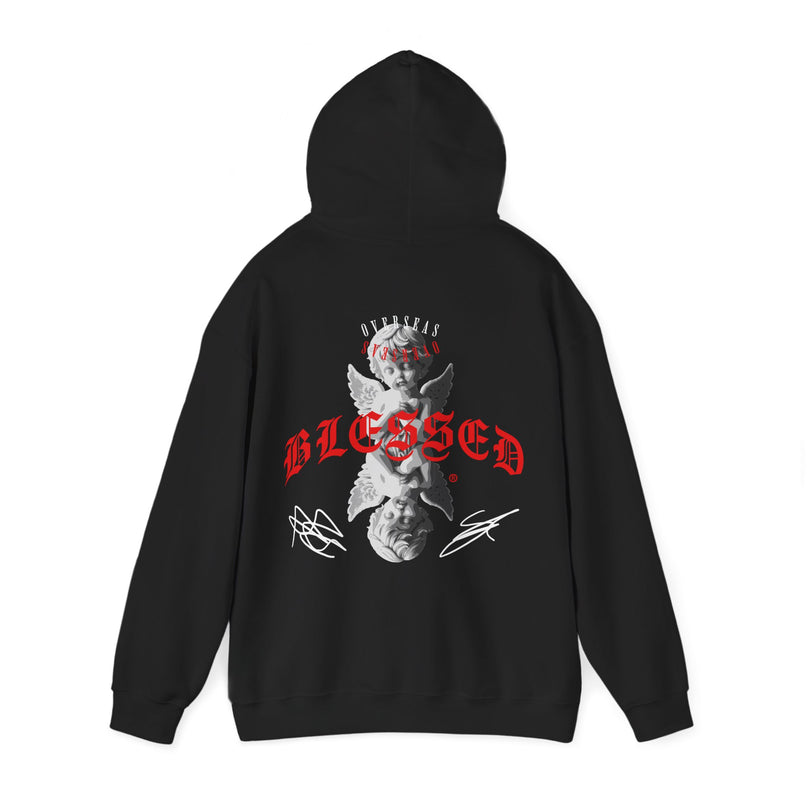 Blessed Angel Graphic Hoodie — Gothic Red Script Streetwear
