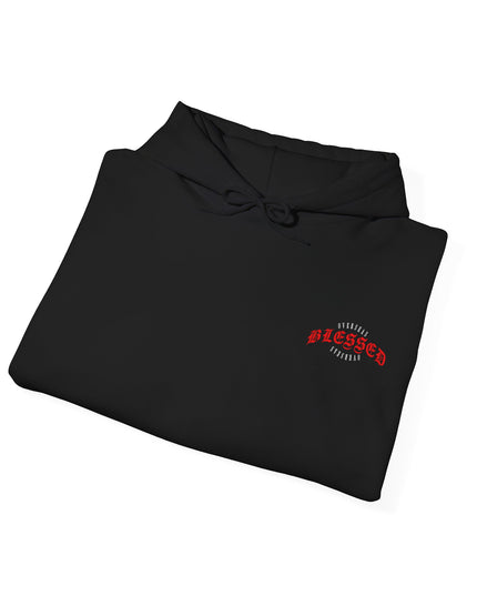 Blessed Angel Graphic Hoodie — Gothic Red Script Streetwear