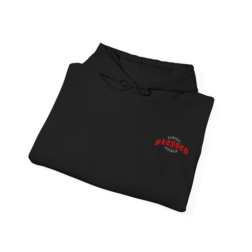 Blessed Angel Graphic Hoodie — Gothic Red Script Streetwear